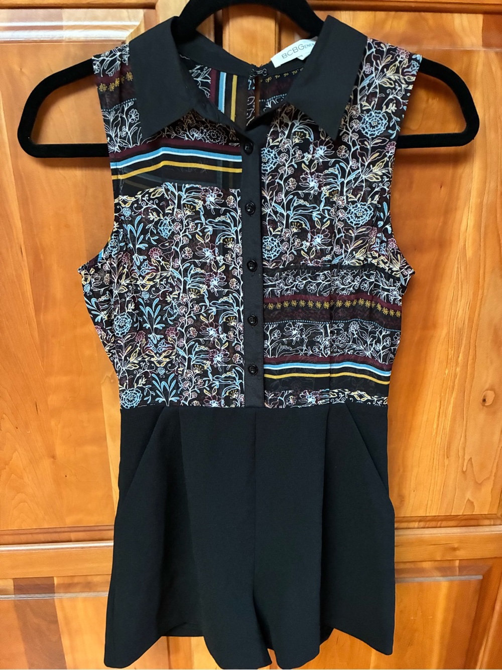 BCBG Black Floral-Stripe Sleeveless Collared Romper